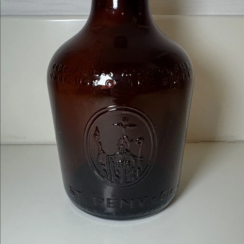 Vintage 1951 St Remy Frech Brandy 9 inch tall Brown Flask Whiskey Liquor Bottle